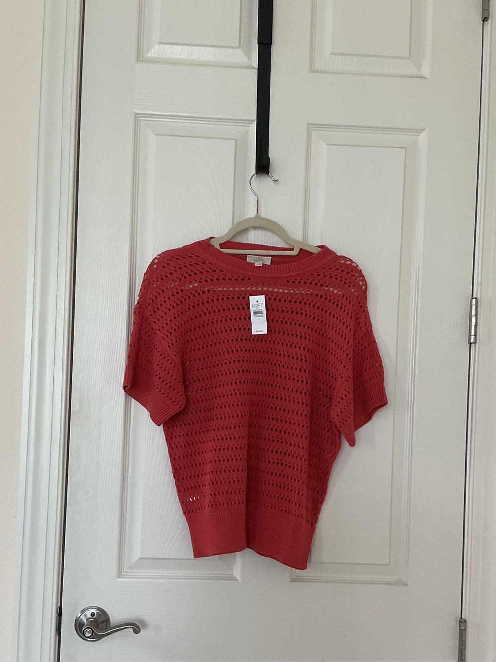 LOFT Coral Open-Knit Crew Short Sleeve Sweater
